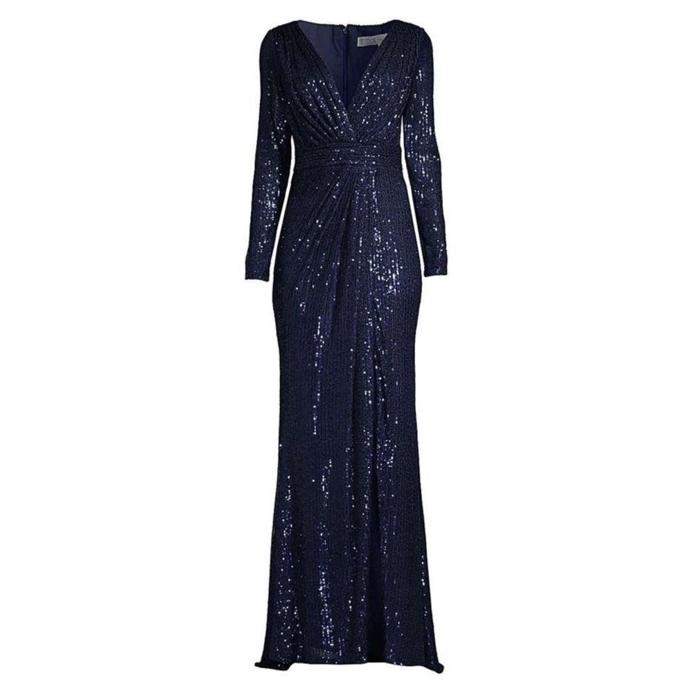 Mac Duggal Long Sleeve Sequin Faux Wrap Gown, midnight, Size 16 QEPY